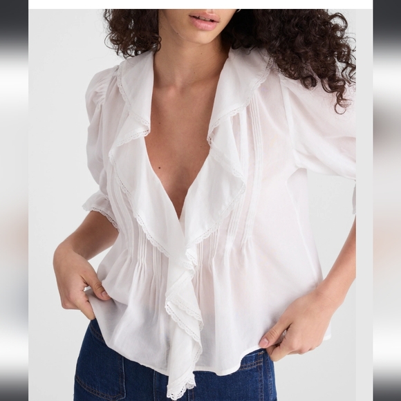 Madewell White Pintucked Ruffled V-Neck Puff-Sleeve Button Front Top Size Large - Picture 11 of 12